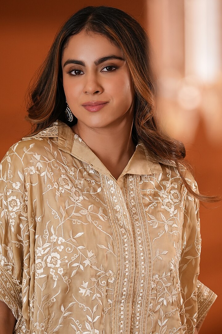 Beige Pure Silk Embroidered Co-Ord Set by Ashtar at Pernia's Pop Up Shop