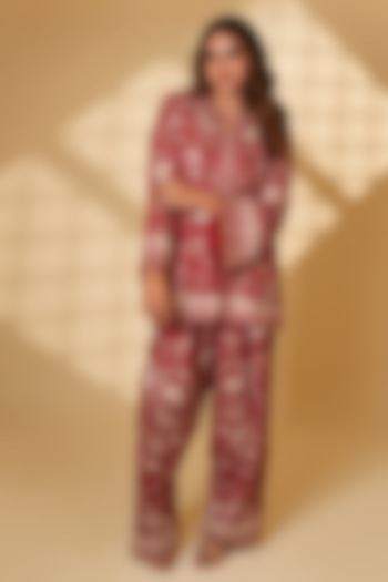 Bengal Rouge Pure Silk Parsi Gara Embroidered Kurta Set by Ashtar at Pernia's Pop Up Shop