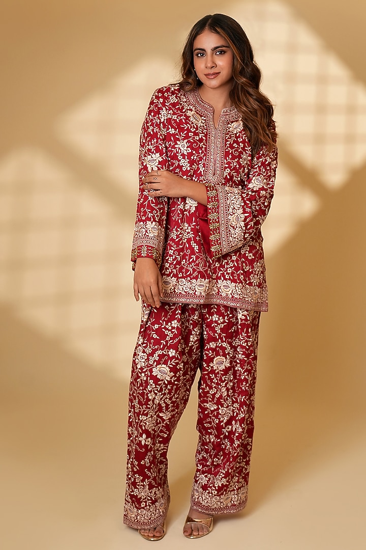 Bengal Rouge Pure Silk Parsi Gara Embroidered Kurta Set by Ashtar at Pernia's Pop Up Shop