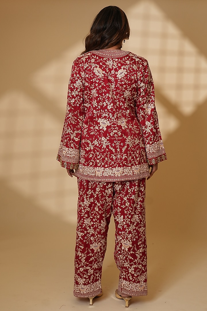 Bengal Rouge Pure Silk Parsi Gara Embroidered Kurta Set by Ashtar at Pernia's Pop Up Shop