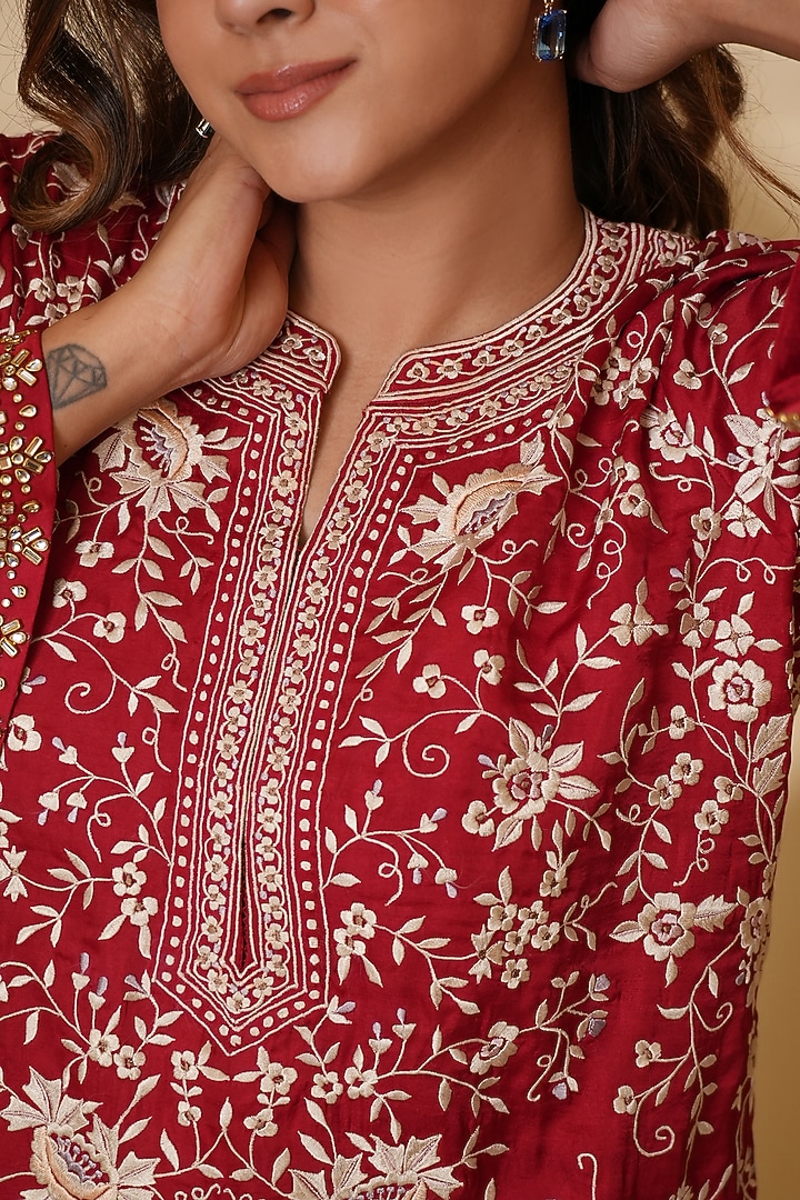 Bengal Rouge Pure Silk Parsi Gara Embroidered Kurta Set by Ashtar at Pernia's Pop Up Shop