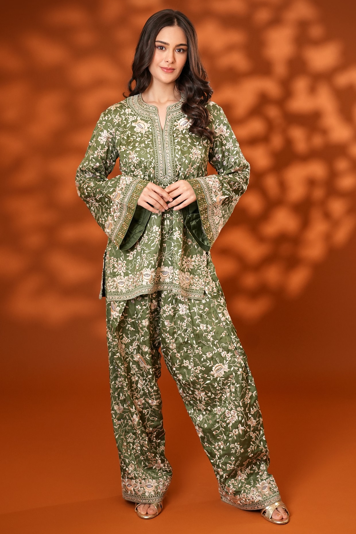 Ashtar Corbett Khaki Pure Silk Parsi Gara Embroidered Kurta Set