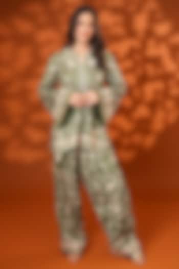 Corbett Khaki Pure Silk Parsi Gara Embroidered Kurta Set by Ashtar at Pernia's Pop Up Shop