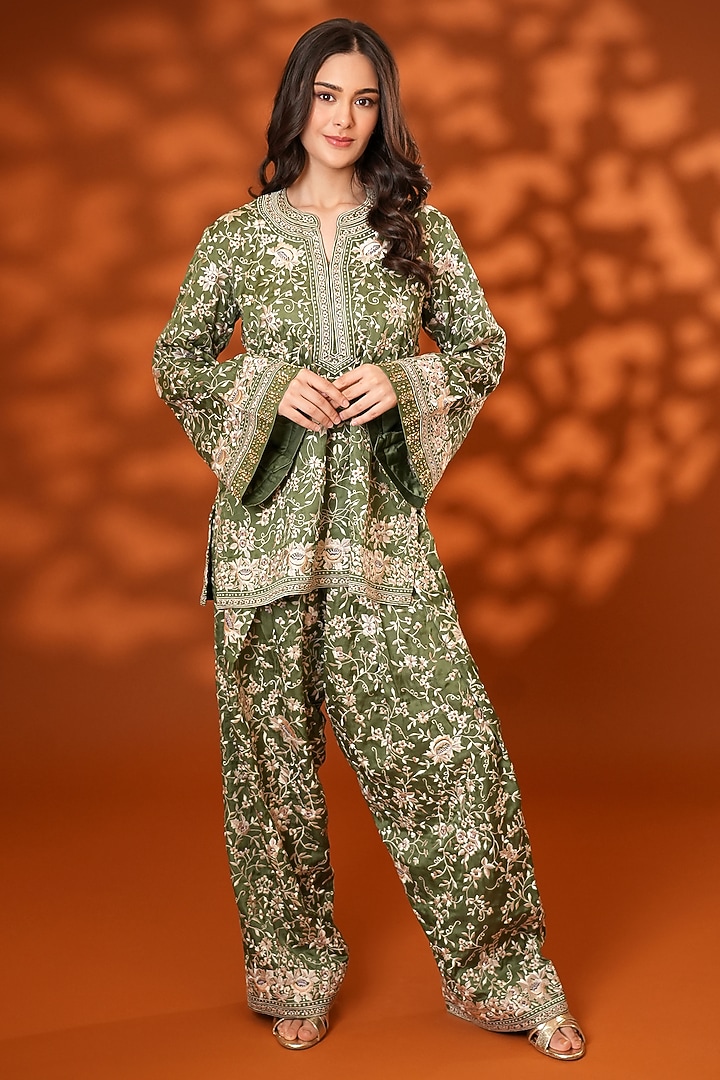 Corbett Khaki Pure Silk Parsi Gara Embroidered Kurta Set by Ashtar at Pernia's Pop Up Shop