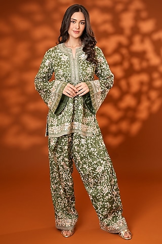 Corbett Khaki Pure Silk Parsi Gara Embroidered Kurta Set by Ashtar