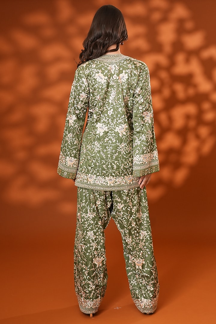 Corbett Khaki Pure Silk Parsi Gara Embroidered Kurta Set by Ashtar at Pernia's Pop Up Shop