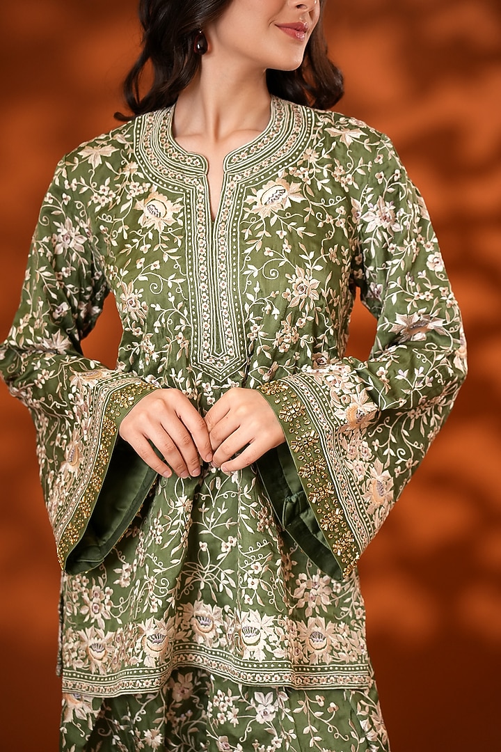 Corbett Khaki Pure Silk Parsi Gara Embroidered Kurta Set by Ashtar at Pernia's Pop Up Shop