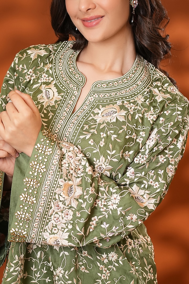 Corbett Khaki Pure Silk Parsi Gara Embroidered Kurta Set by Ashtar at Pernia's Pop Up Shop