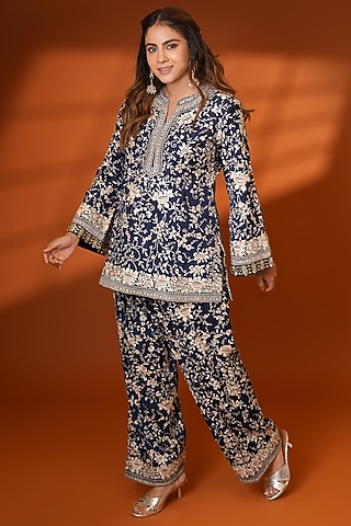 Mysore Blue Pure Silk Parsi Gara Embroidered Kurta Set by Ashtar