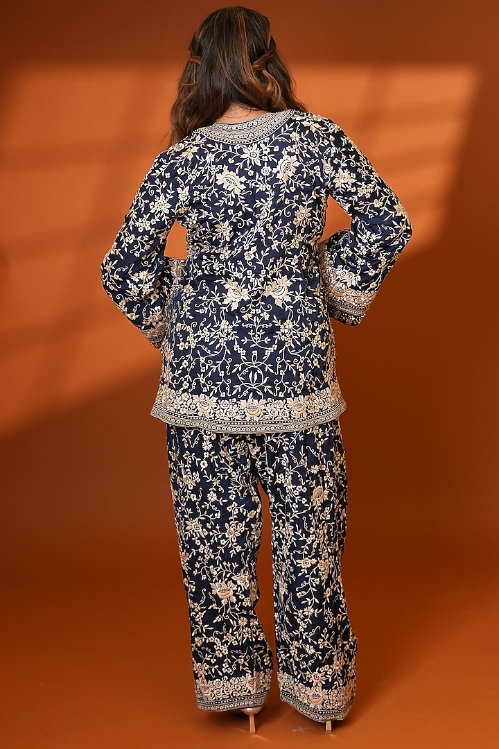 Mysore Blue Pure Silk Parsi Gara Embroidered Kurta Set by Ashtar at Pernia's Pop Up Shop