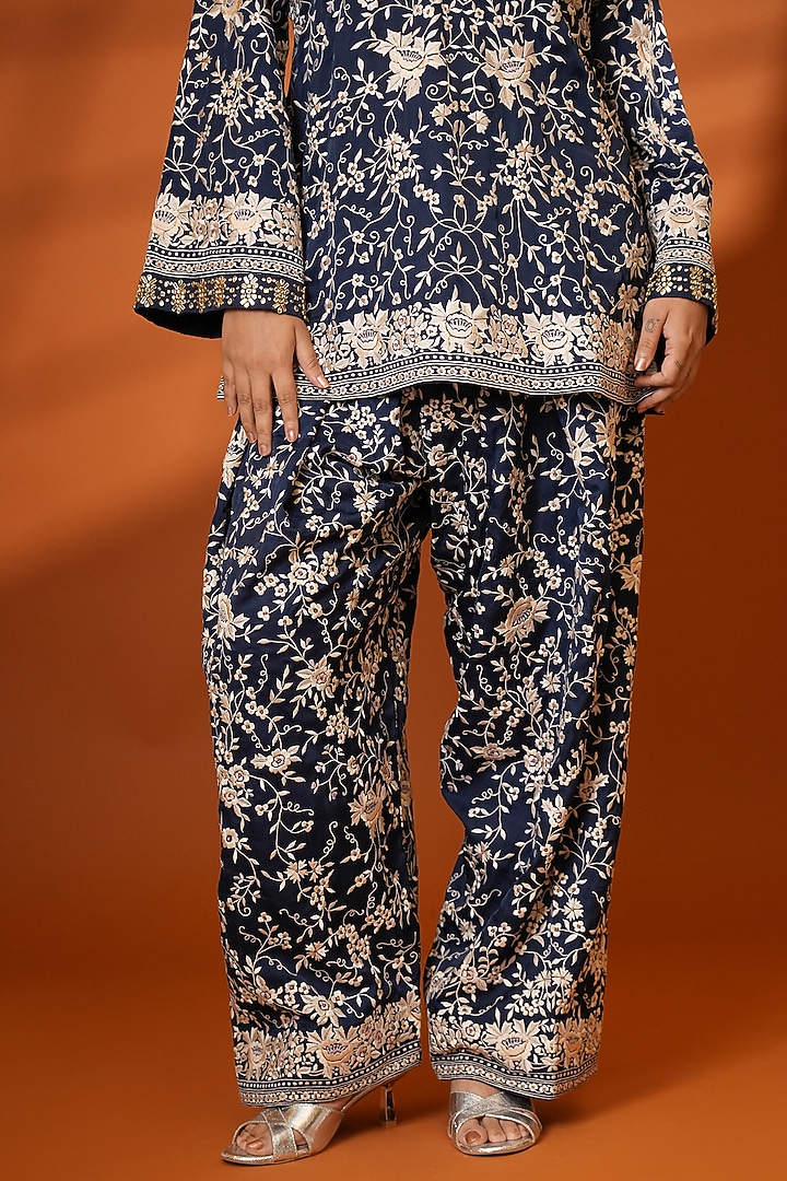 Mysore Blue Pure Silk Parsi Gara Embroidered Kurta Set by Ashtar at Pernia's Pop Up Shop