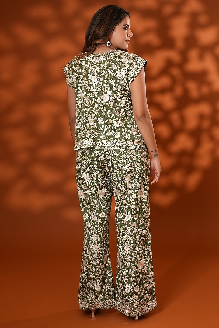 Corbett Khaki Pure Silk Floral Embroidered Co-Ord Set by Ashtar at Pernia's Pop Up Shop