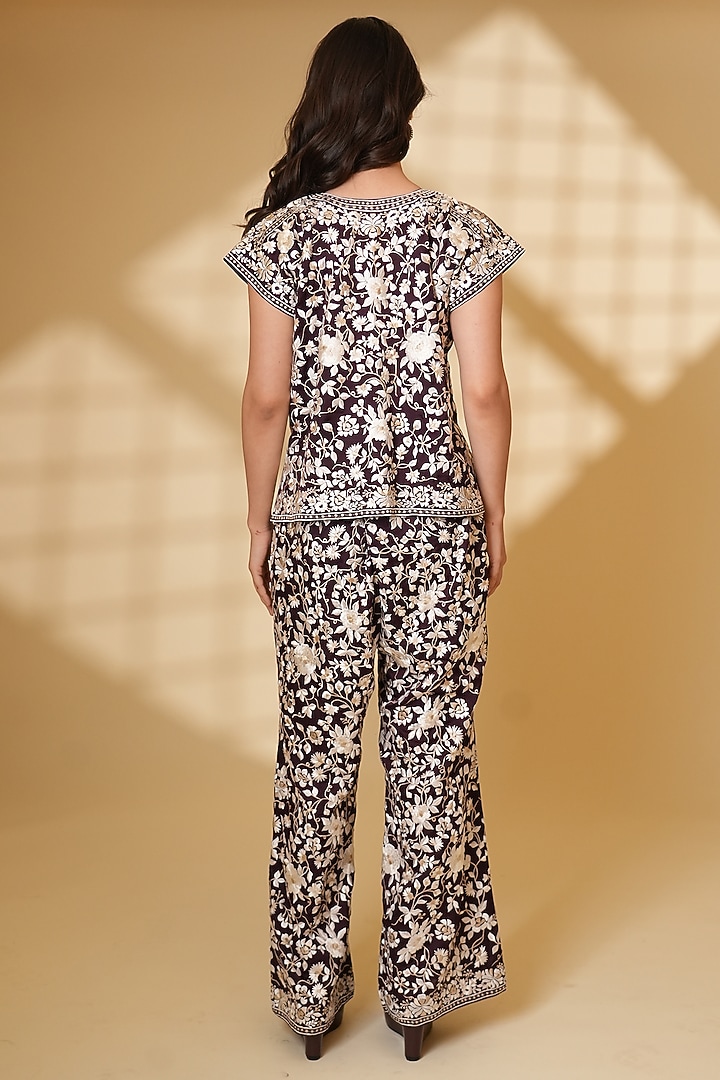 Wine Pure Silk Floral Embroidered Co-Ord Set by Ashtar at Pernia's Pop Up Shop