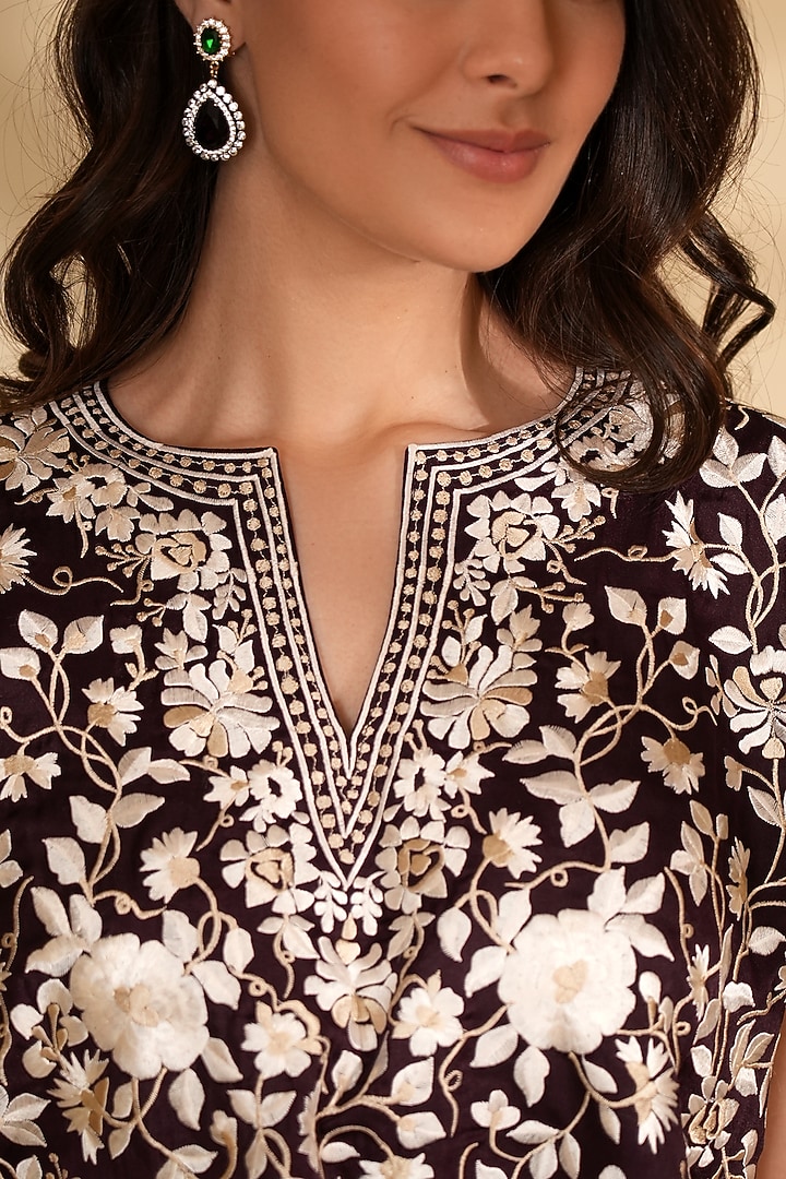 Wine Pure Silk Floral Embroidered Co-Ord Set by Ashtar at Pernia's Pop Up Shop