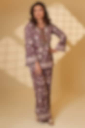 Wine Pure Silk Parsi Gara Hand Embroidered Kurta Set by Ashtar at Pernia's Pop Up Shop