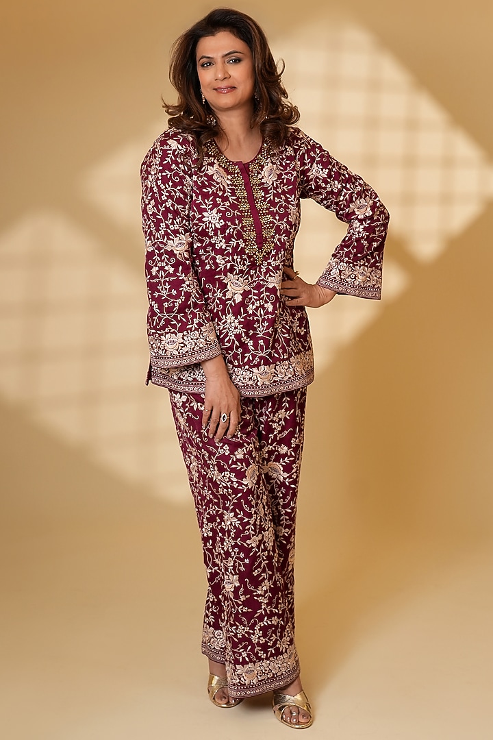 Wine Pure Silk Parsi Gara Hand Embroidered Kurta Set by Ashtar at Pernia's Pop Up Shop