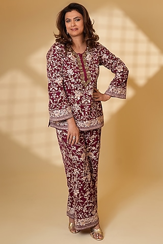 Wine Pure Silk Parsi Gara Hand Embroidered Kurta Set by Ashtar