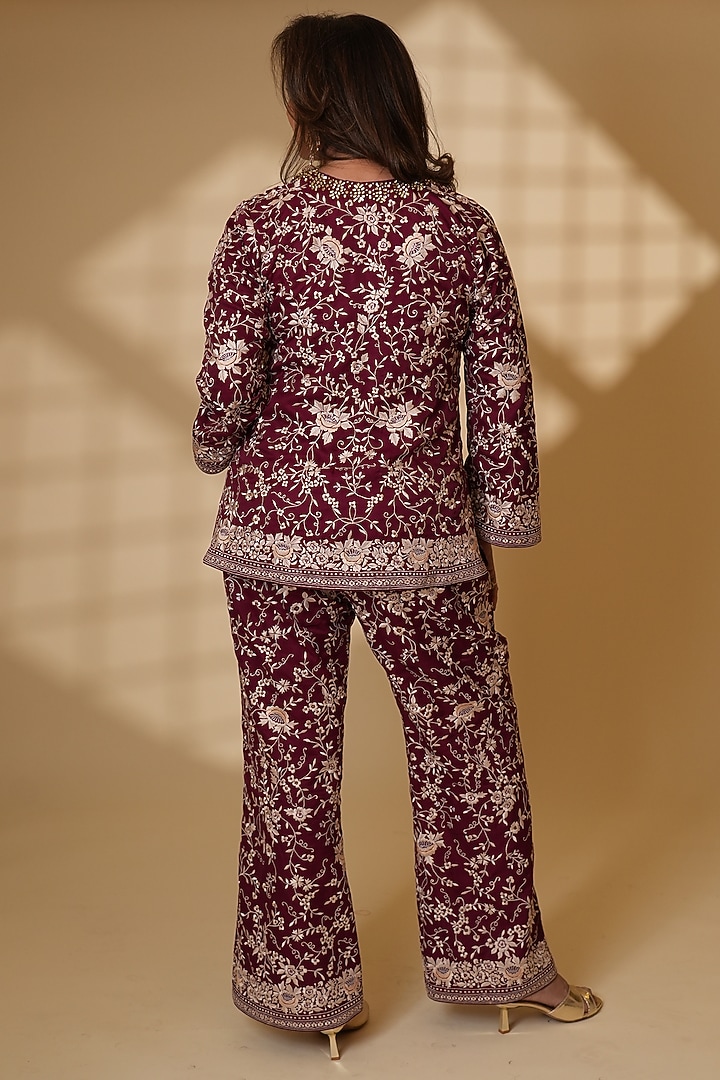 Wine Pure Silk Parsi Gara Hand Embroidered Kurta Set by Ashtar at Pernia's Pop Up Shop