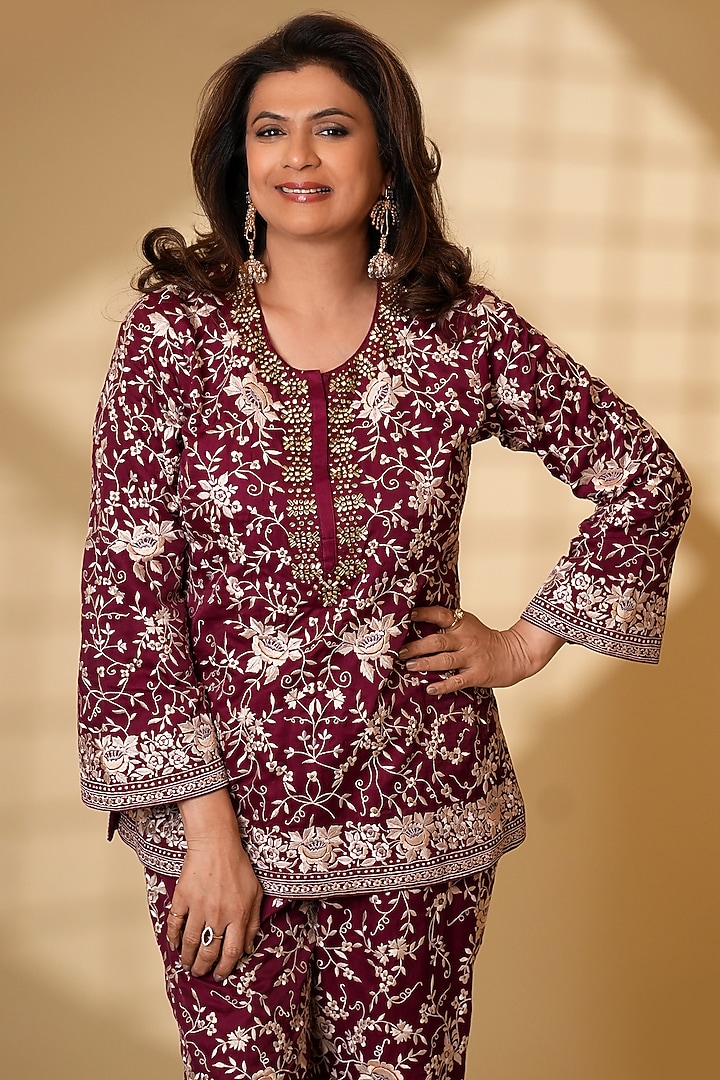 Wine Pure Silk Parsi Gara Hand Embroidered Kurta Set by Ashtar at Pernia's Pop Up Shop