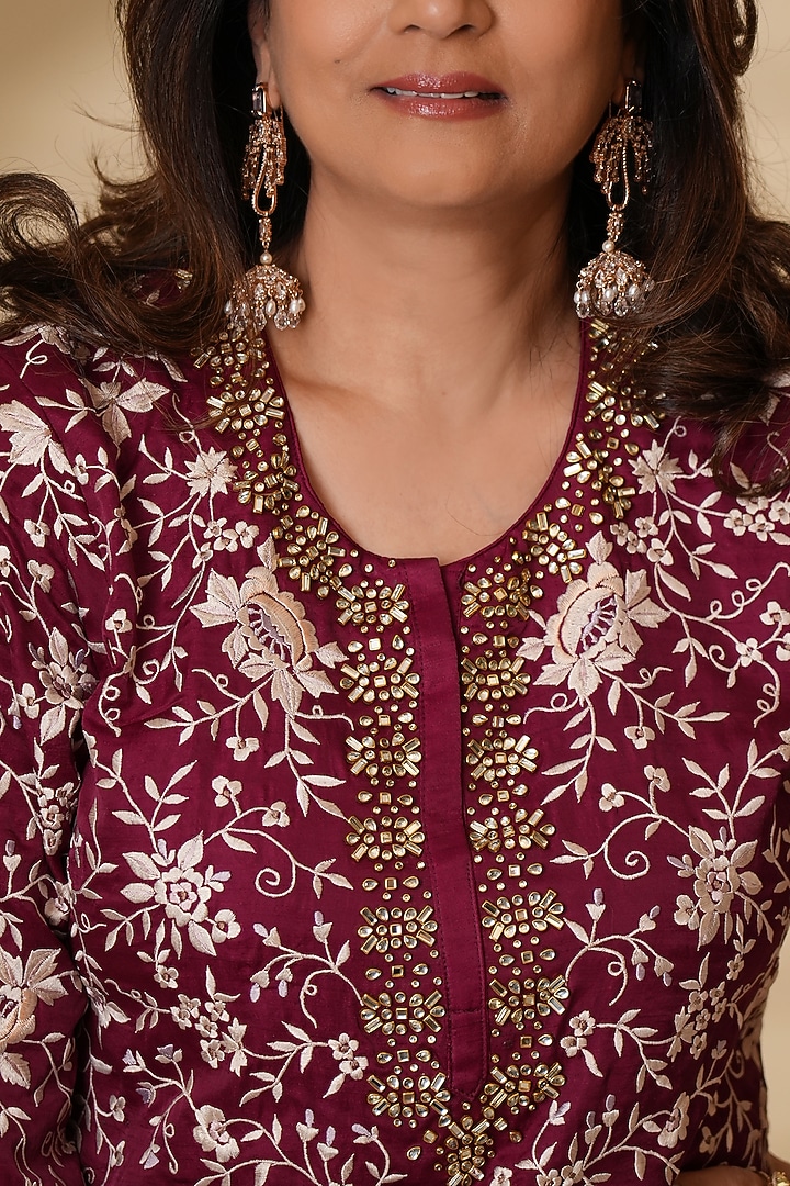 Wine Pure Silk Parsi Gara Hand Embroidered Kurta Set by Ashtar at Pernia's Pop Up Shop