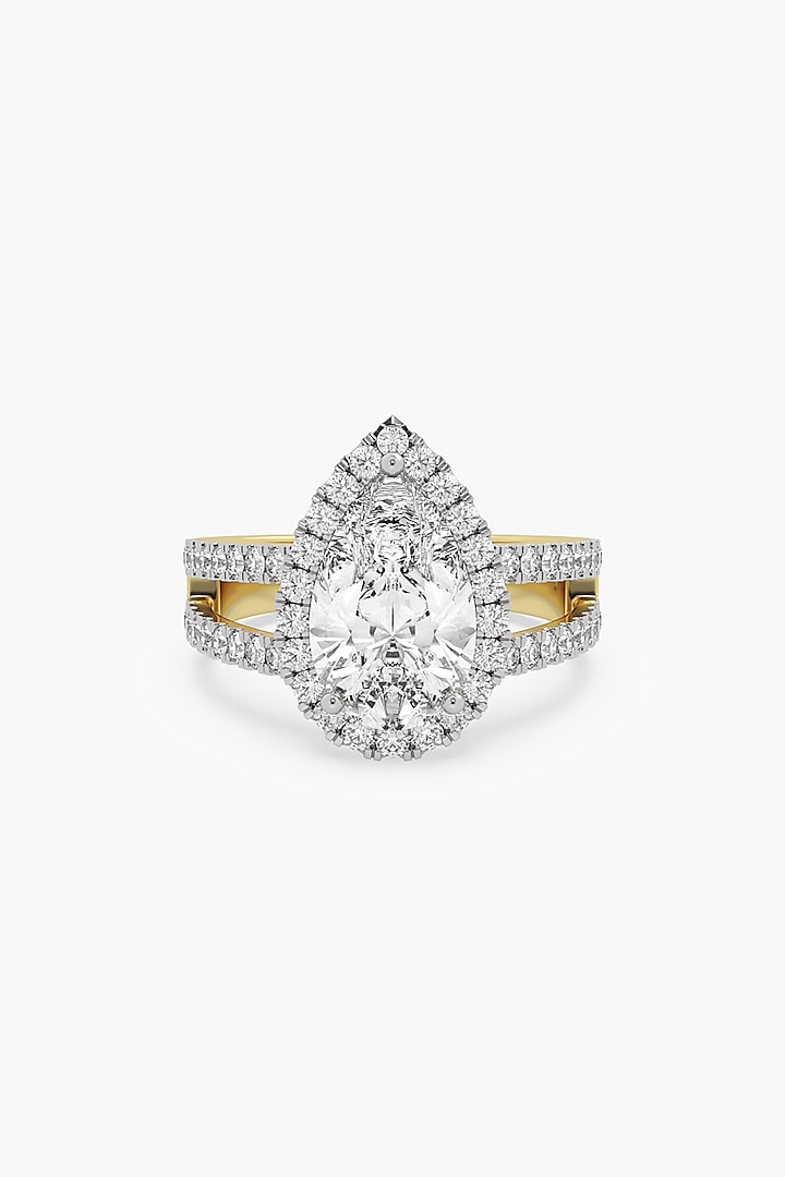 14kt Yellow Gold Finish Lab Grown Pear-Cut & Ashth-Cut Diamond Halo Ring by ASHTH at Pernia's Pop Up Shop