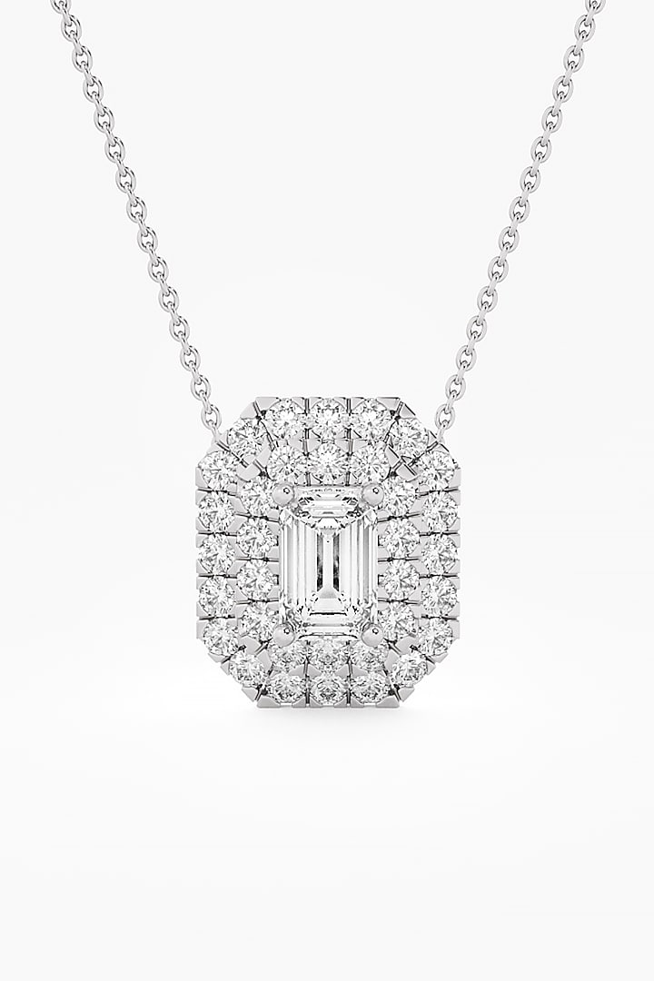 14kt White Gold Finish Lab Grown Emerald-Cut Diamond Halo Pendant by ASHTH at Pernia's Pop Up Shop