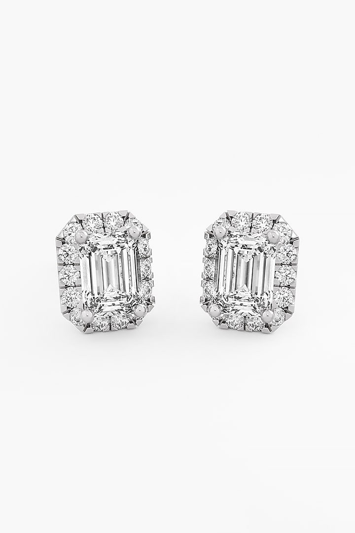 14kt White Gold Finish Lab Grown Emerald-Cut Diamond Halo Stud Earrings by ASHTH at Pernia's Pop Up Shop