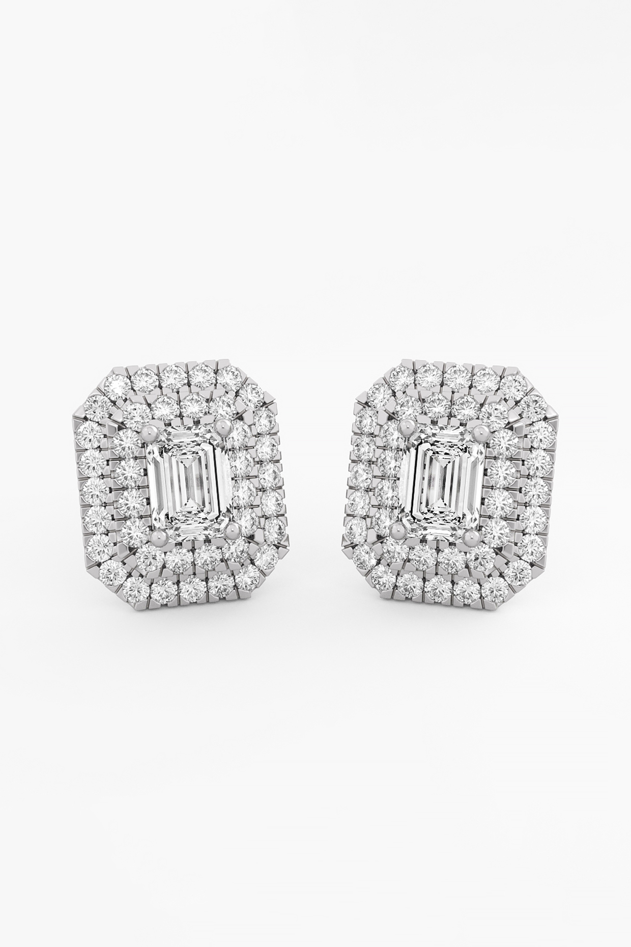 14kt White Gold Finish Lab Grown Emerald-Cut Diamond Halo Stud Earrings by ASHTH at Pernia's Pop Up Shop
