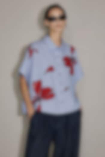 Light Blue Cotton Poplin Floral Hand Embroidered Shirt by AS IF at Pernia's Pop Up Shop