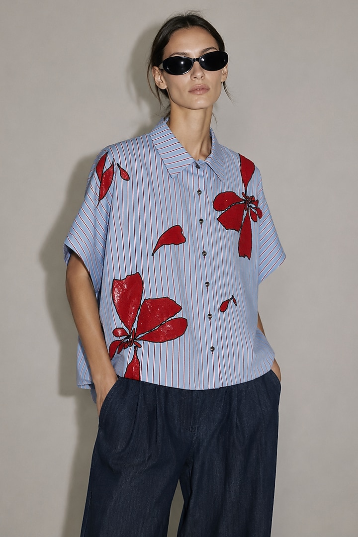Light Blue Cotton Poplin Floral Hand Embroidered Shirt by AS IF at Pernia's Pop Up Shop
