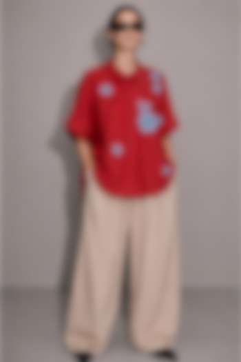 Red Cotton Floral Motifs Hand Embroidered Shirt by AS IF at Pernia's Pop Up Shop