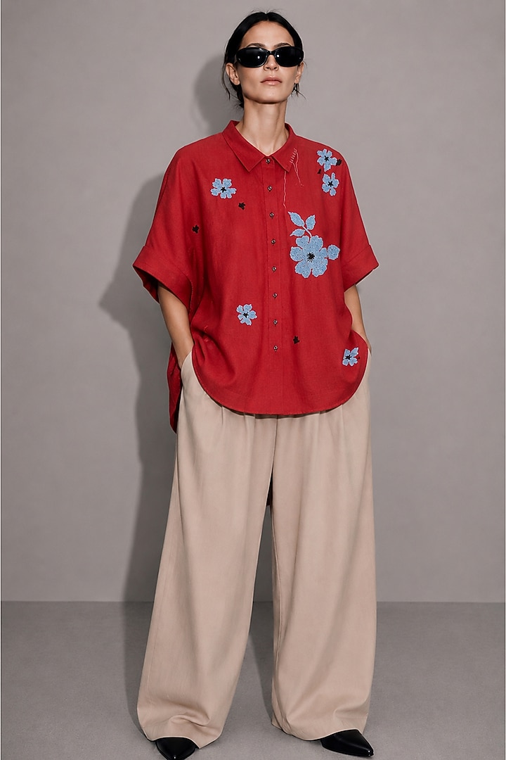 Red Cotton Floral Motifs Hand Embroidered Shirt by AS IF at Pernia's Pop Up Shop