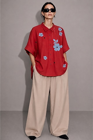 Red Cotton Floral Motifs Hand Embroidered Shirt by AS IF