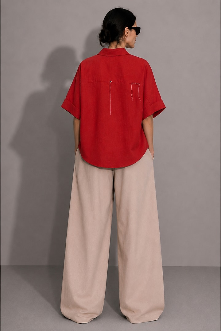 Red Cotton Floral Motifs Hand Embroidered Shirt by AS IF at Pernia's Pop Up Shop