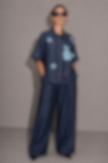 Deep Blue Cotton Denim Floral Hand Embroidered Co-Ord Set by AS IF at Pernia's Pop Up Shop