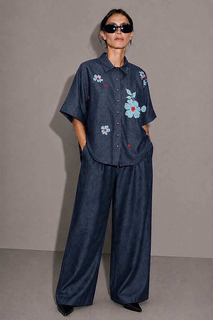 Deep Blue Cotton Denim Floral Hand Embroidered Co-Ord Set by AS IF at Pernia's Pop Up Shop