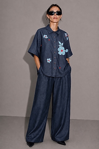 Deep Blue Cotton Denim Floral Hand Embroidered Co-Ord Set by AS IF