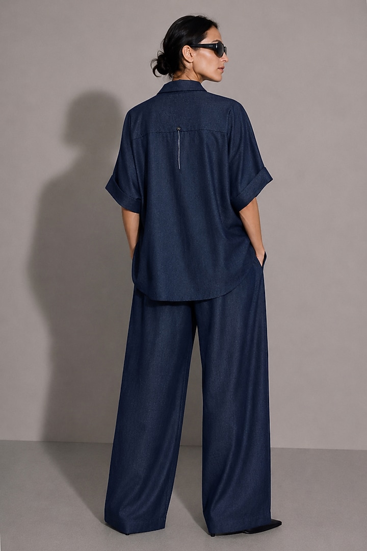 Deep Blue Cotton Denim Floral Hand Embroidered Co-Ord Set by AS IF at Pernia's Pop Up Shop