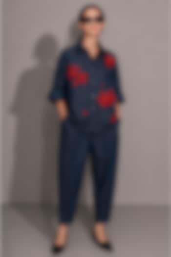Deep Blue Cotton Denim Floral Hand Embroidered Co-Ord Set by AS IF at Pernia's Pop Up Shop