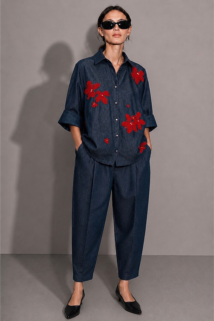 Deep Blue Cotton Denim Floral Hand Embroidered Co-Ord Set by AS IF at Pernia's Pop Up Shop