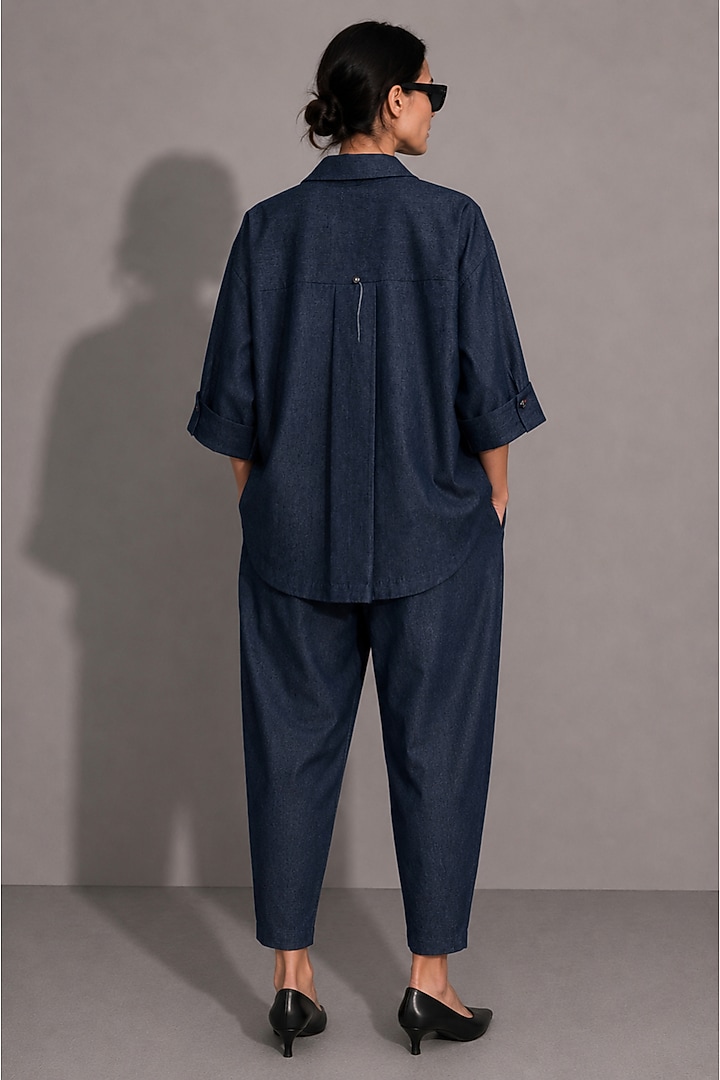 Deep Blue Cotton Denim Floral Hand Embroidered Co-Ord Set by AS IF at Pernia's Pop Up Shop