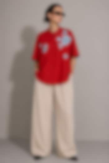 Red Cotton & Linen Floral Motifs Hand Embroidered Shirt by AS IF at Pernia's Pop Up Shop