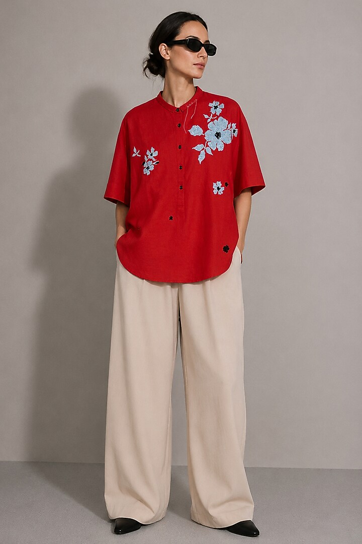 Red Cotton & Linen Floral Motifs Hand Embroidered Shirt by AS IF at Pernia's Pop Up Shop