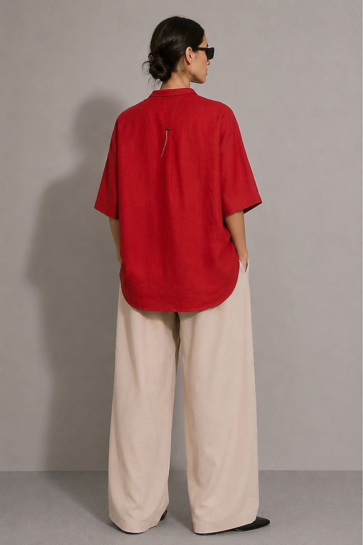 Red Cotton & Linen Floral Motifs Hand Embroidered Shirt by AS IF at Pernia's Pop Up Shop