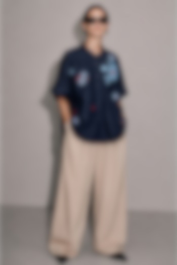 Deep Blue Cotton Denim Floral Motifs Hand Embroidered Shirt by AS IF at Pernia's Pop Up Shop