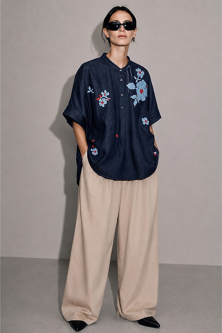 Deep Blue Cotton Denim Floral Motifs Hand Embroidered Shirt by AS IF at Pernia's Pop Up Shop