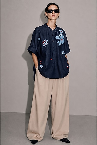 Deep Blue Cotton Denim Floral Motifs Hand Embroidered Shirt by AS IF