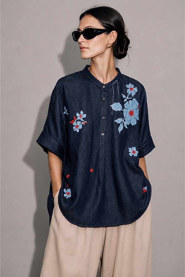 Deep Blue Cotton Denim Floral Motifs Hand Embroidered Shirt by AS IF at Pernia's Pop Up Shop