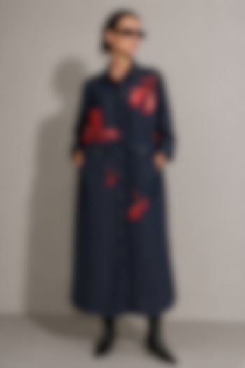 Deep Blue Cotton Denim Floral Hand Embroidered Long Vacation Shirt Dress by AS IF at Pernia's Pop Up Shop