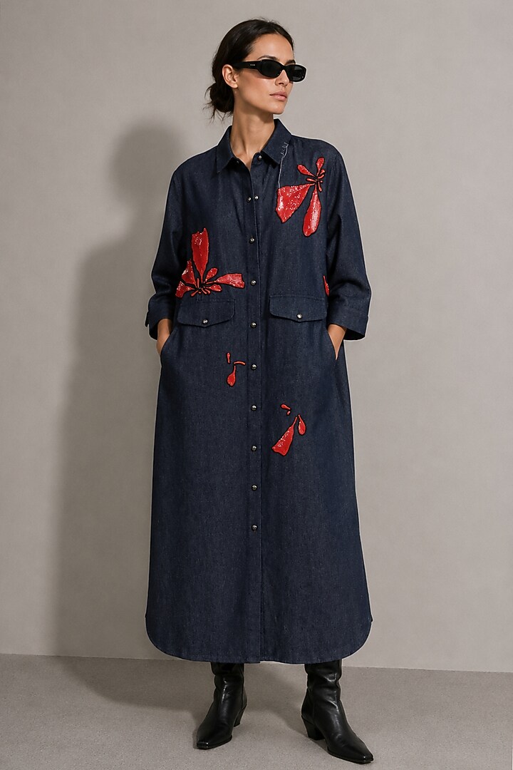 Deep Blue Cotton Denim Floral Hand Embroidered Long Vacation Shirt Dress by AS IF at Pernia's Pop Up Shop